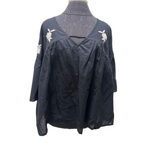 Daniel Cassin Blusa Komi Black Embroidered Cotton V-Neck Blouse NWT Size L